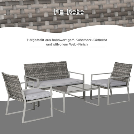 Patio in 4 parts, sofa and cushions, steel and rattan