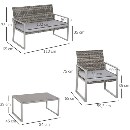 Patio in 4 parts, sofa and cushions, steel and rattan