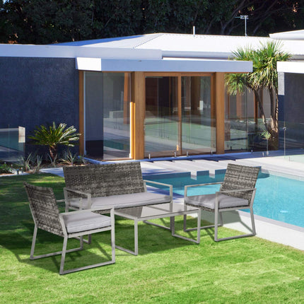 Patio in 4 parts, sofa and cushions, steel and rattan