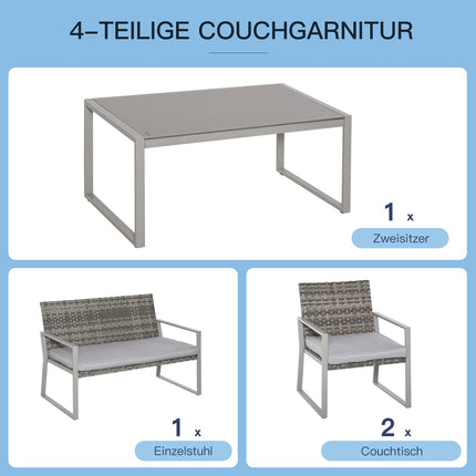 Patio in 4 parts, sofa and cushions, steel and rattan