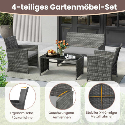 4-teiliges Terrassenmöbel-Set aus grauem Polyrattan mit Zweiersofa und Tisch