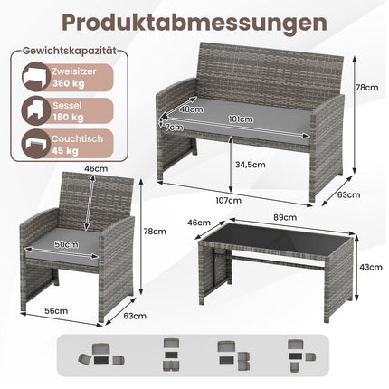 4-teiliges Terrassenmöbel-Set aus grauem Polyrattan mit Zweiersofa und Tisch
