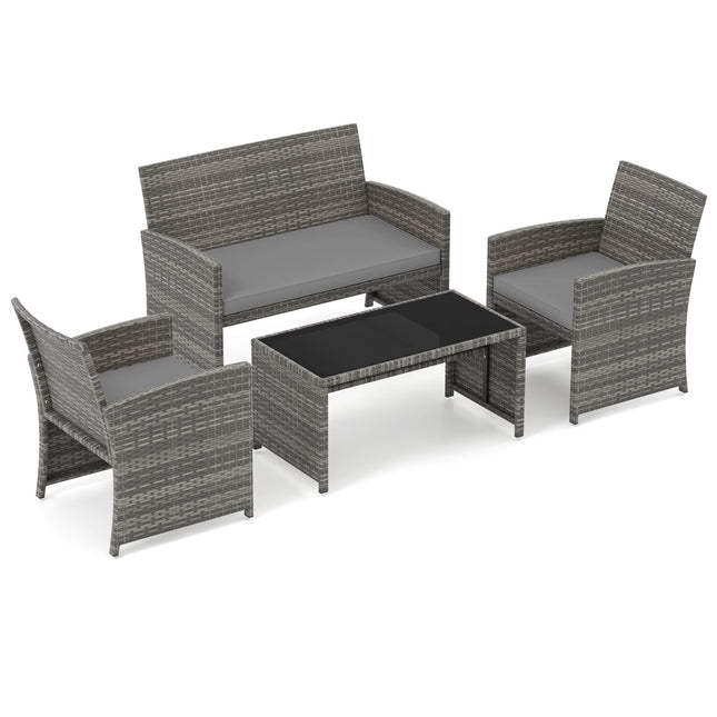 4-teiliges Terrassenmöbel-Set aus grauem Polyrattan mit Zweiersofa und Tisch