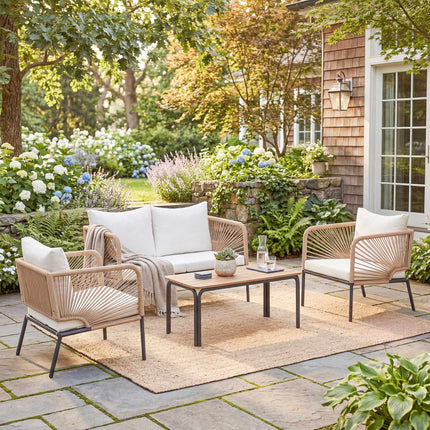4-teiliges Outdoor-Möbelset, Metall & PE-Rattan, Weiß
