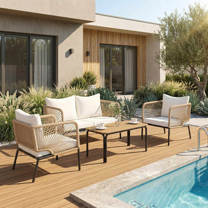 4-teiliges Outdoor-Möbelset, Metall & PE-Rattan, Weiß