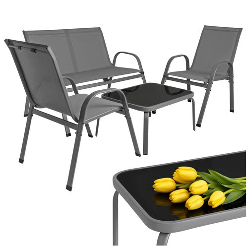 4-teiliges Outdoor-Möbelset, Stahl & Glas, Grau