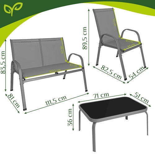4-teiliges Outdoor-Möbelset, Stahl & Glas, Grau