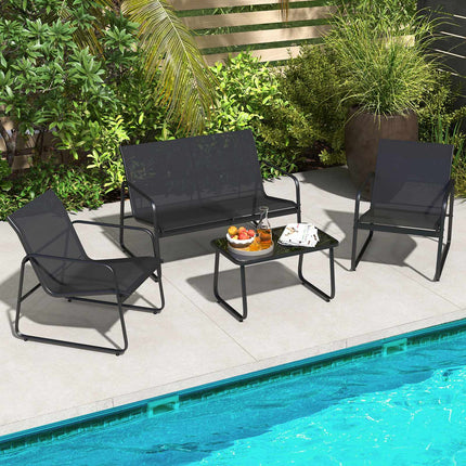 4-teiliges Outdoor-Lounge-Set, 2 Stühle, Zweisitzer, Glastisch