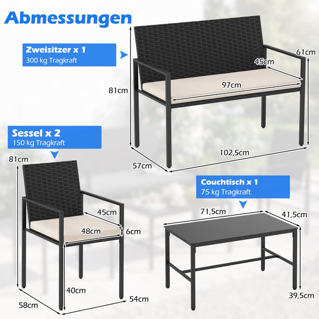 4-teiliges Outdoor-Rattan-Gartenmöbelset mit Kissen