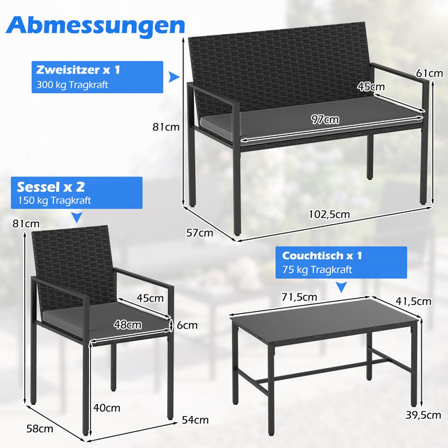 4-teiliges Outdoor-Rattan-Möbelset mit Kissen