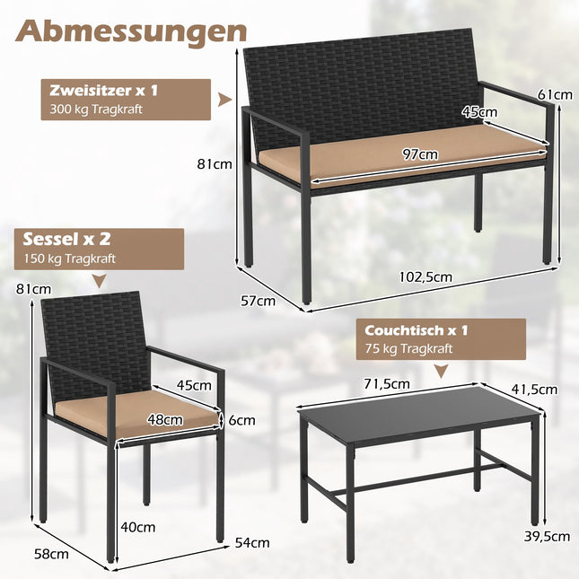 4-teiliges Outdoor Rattan-Loungeset mit Glastisch