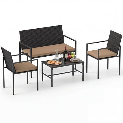 4-teiliges Outdoor Rattan-Loungeset mit Glastisch
