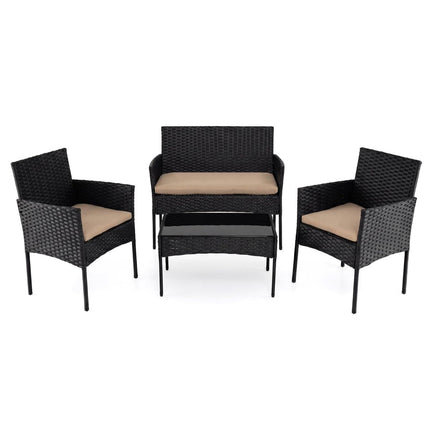 4-teiliges PE-Rattan-Terrassenset mit Kissen, Glastisch