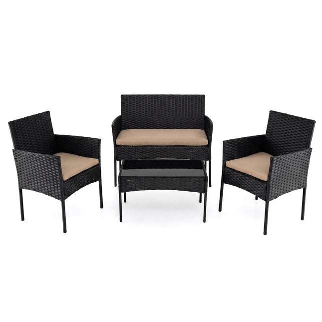4-teiliges PE-Rattan-Terrassenset mit Kissen, Glastisch