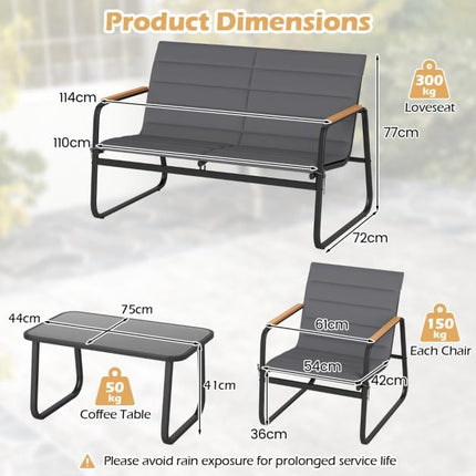 4-Piece Patio Conversation Set, Grey Cushions, Metal Frame