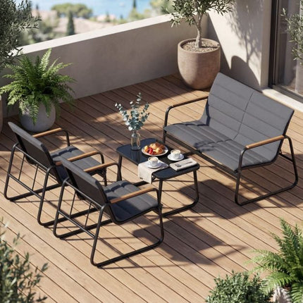 4-Piece Patio Conversation Set, Grey Cushions, Metal Frame