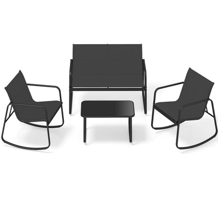 4-teiliges Terrassenmöbel-Set, Schaukelstühle, Glastisch, Schwarz