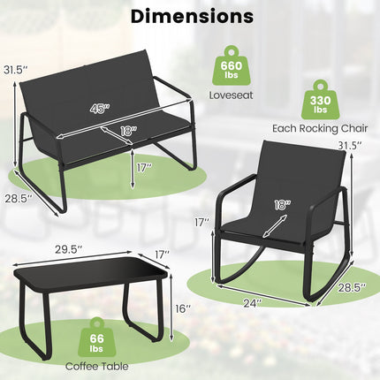 4-teiliges Terrassenmöbel-Set, Schaukelstühle, Glastisch, Schwarz