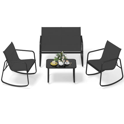 4-teiliges Terrassenmöbel-Set, Schaukelstühle, Glastisch, Schwarz