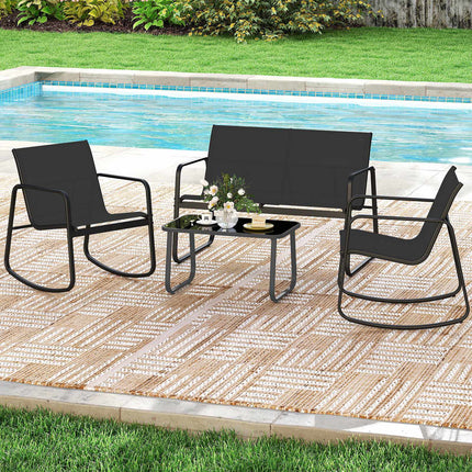 4-teiliges Terrassenmöbel-Set, Schaukelstühle, Glastisch, Schwarz