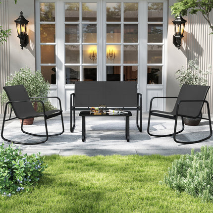 4-teiliges Terrassenmöbel-Set, Schaukelstühle, Glastisch, Schwarz