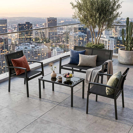 4-Piece Patio Furniture Set with Glass Table & Metal Frame