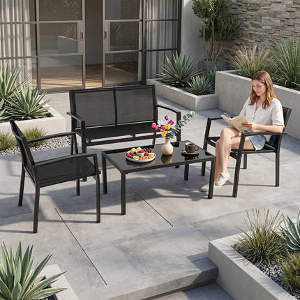 4-Piece Patio Furniture Set with Glass Table & Metal Frame