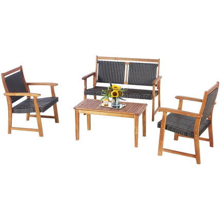 4-teiliges Terrassen-Rattan-Konversationsset mit Akazienholzrahmen, Sektionalmöbel-Set für den Garten