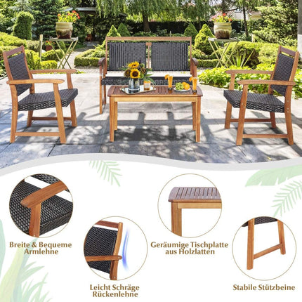 4-teiliges Terrassen-Rattan-Konversationsset mit Akazienholzrahmen, Sektionalmöbel-Set für den Garten
