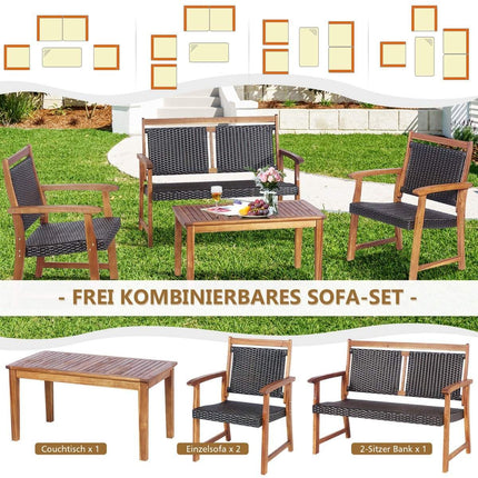4-teiliges Terrassen-Rattan-Konversationsset mit Akazienholzrahmen, Sektionalmöbel-Set für den Garten
