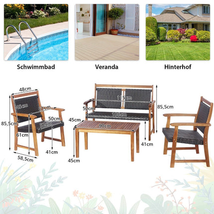 4-teiliges Terrassen-Rattan-Konversationsset mit Akazienholzrahmen, Sektionalmöbel-Set für den Garten