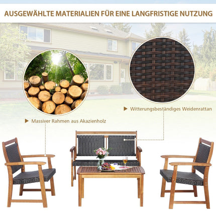 4-teiliges Terrassen-Rattan-Konversationsset mit Akazienholzrahmen, Sektionalmöbel-Set für den Garten