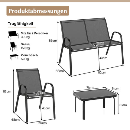 4-Piece Patio Set – Metal Frame, Fabric Seats, Glass Table