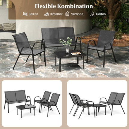 4-Piece Patio Set – Metal Frame, Fabric Seats, Glass Table