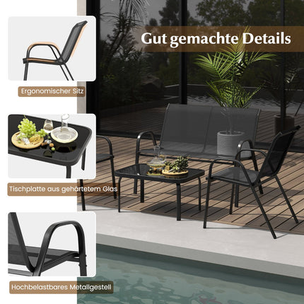 4-Piece Patio Set – Metal Frame, Fabric Seats, Glass Table