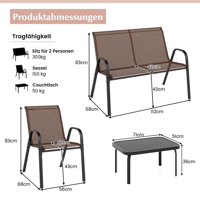 4-teiliges Terrassenmöbelset mit Metallrahmen & Glastisch