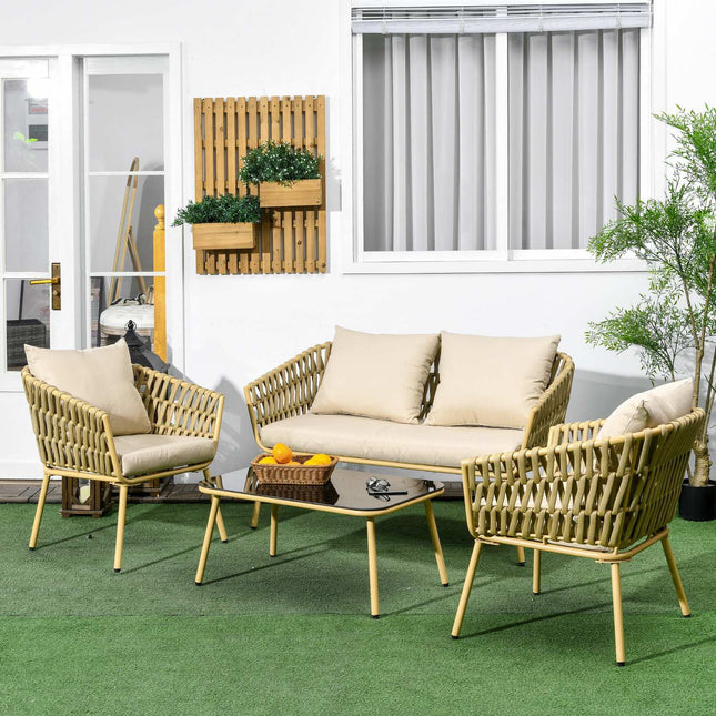 Rattan-Gartenset – Sofa, Sessel, Tisch, Kissen