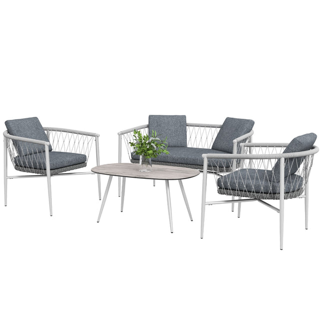 Rattan-Gartenmöbel, 4-teilig, graue Kissen