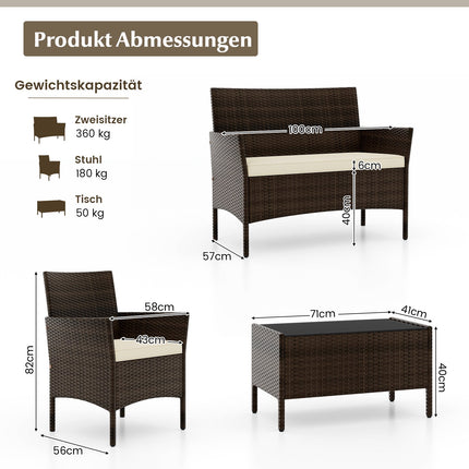 4-teiliges Rattan-Gartenset mit Kissen
