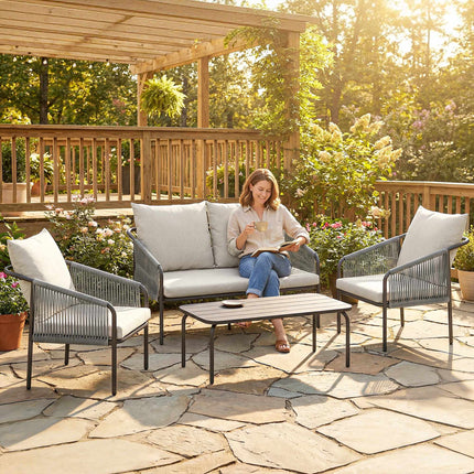 4-Piece Rattan Lounge Set with Cushions and Table