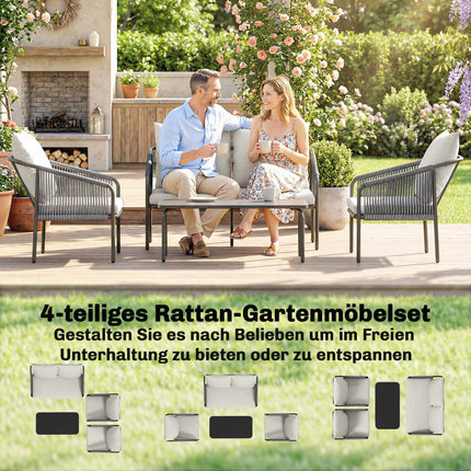 4-Piece Rattan Lounge Set with Cushions and Table