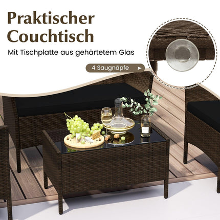 4-teiliges Rattan-Gartenmöbel-Set mit Kissen