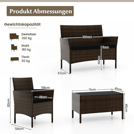 4-teiliges Rattan-Gartenmöbel-Set mit Kissen