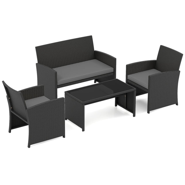 4-delige rotan loungeset voor buiten met glazen tafel, grijs