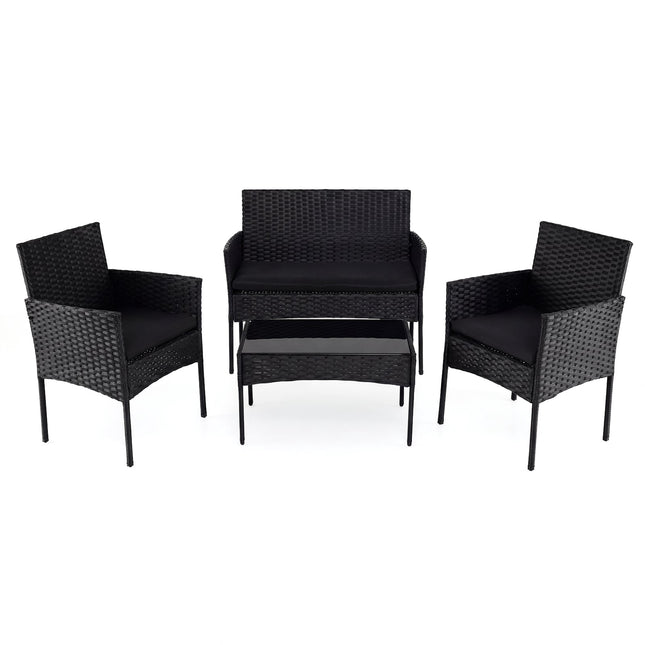 4-teiliges Rattan-Terrassenmöbel-Set, Kissen, Schwarz