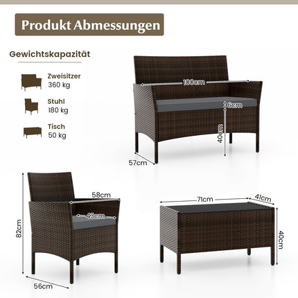 4-teiliges Rattan-Loungeset mit Kissen und Tisch, Grau
