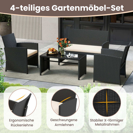 4-Piece Rattan Patio Set with Glass Coffee Table