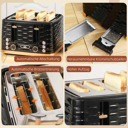 4-Scheiben-Toaster, Wellendesign, Multifunktion, Schwarz