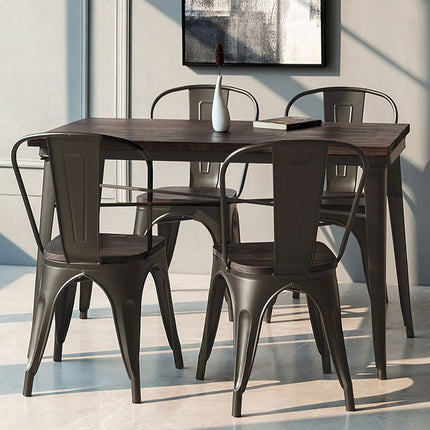 4 Stackable Metal Dining Chairs With Wood Seat, Gunmetal