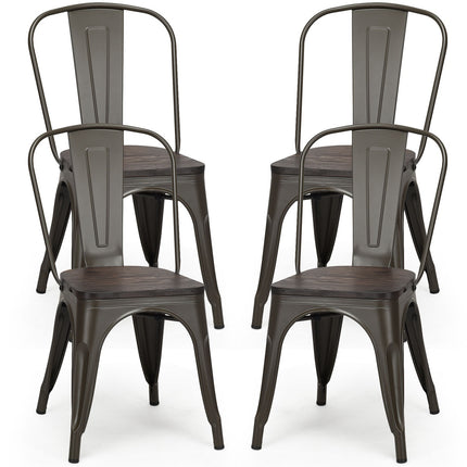 4 Stackable Metal Dining Chairs With Wood Seat, Gunmetal